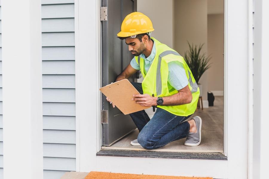 UK locksmith in hi-vis checking a door lock on a callout